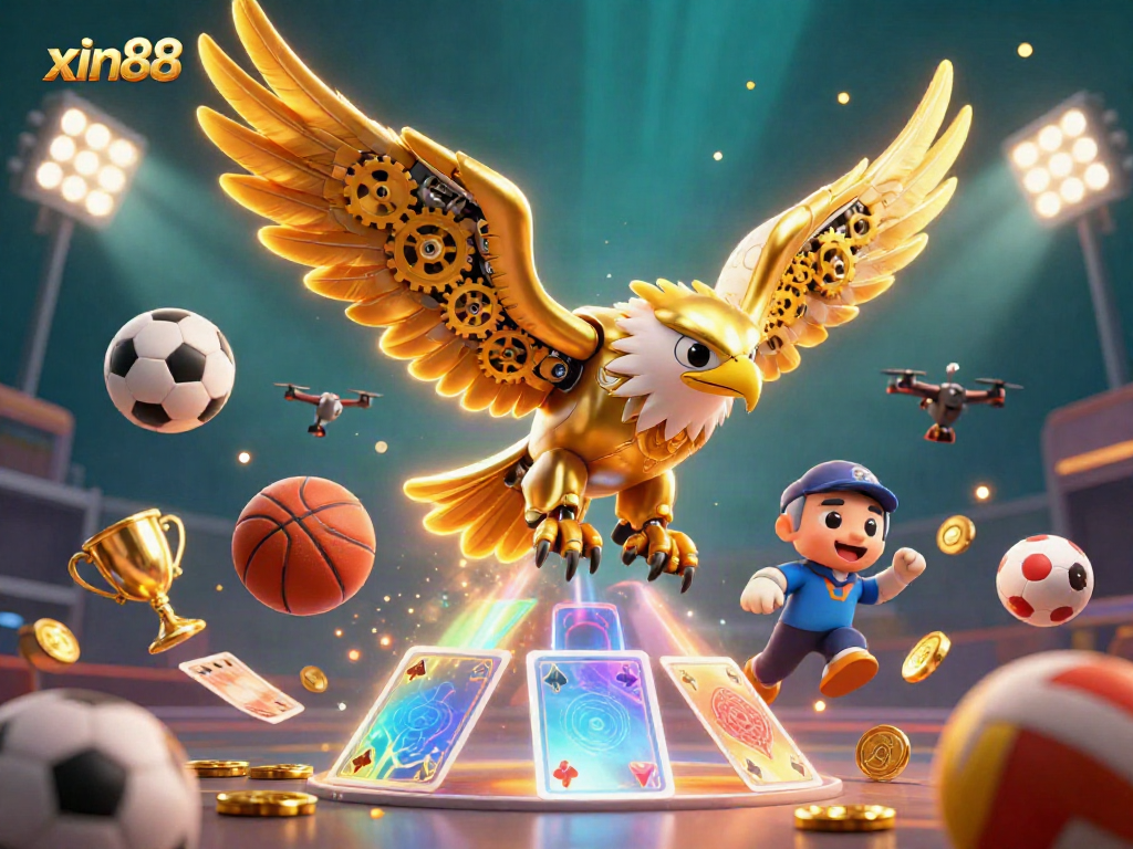 Play exciting games at xin88, featuring a cybernetic eagle amidst dynamic sports elements.