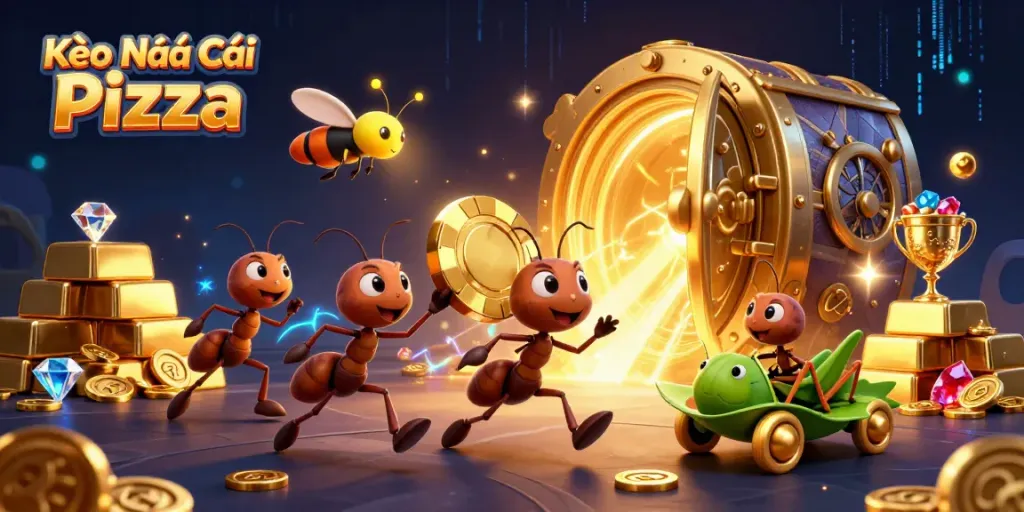 Engage with Kèo Nhà Cái Pizza through a dynamic illustration of cartoon ants heisting a golden poker chip amidst treasures.
