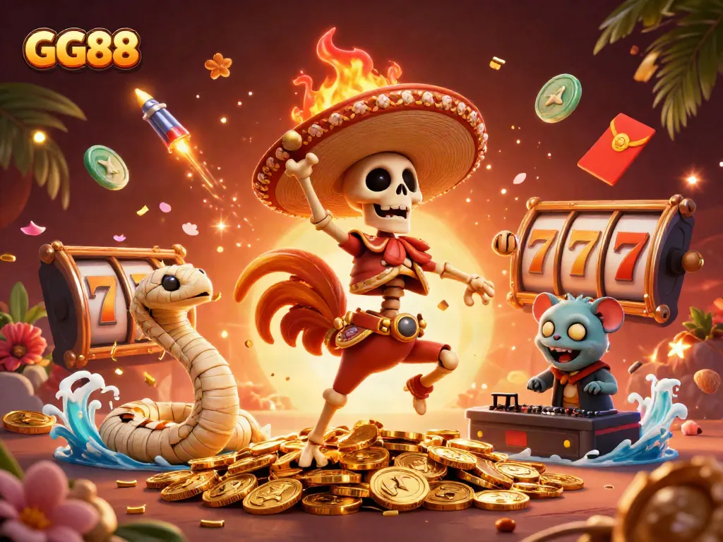 Experience vibrant GG88 gameplay with a skeleton mariachi rooster celebrating amidst slot reels and golden coins.