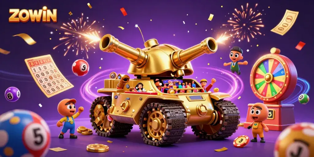 Engage in thrilling gaming action with ZOWIN's gold-themed casino tank offering vibrant games.