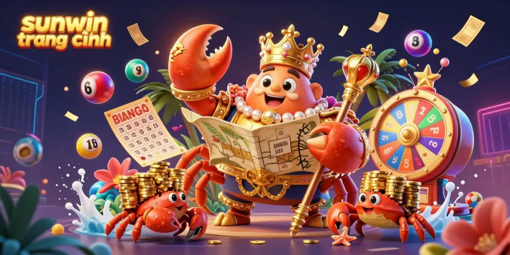 Engage with the vibrant world of sunwin trang chính featuring a golden crab emperor amidst dynamic lottery and gaming elements.