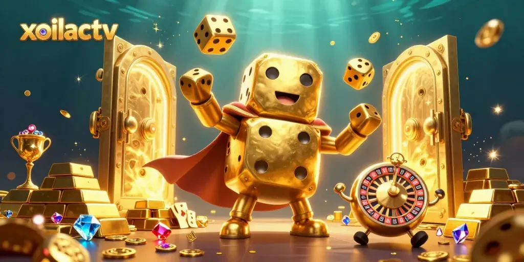 Engage with xoilactv's world of excitement, showcasing a vibrant 3D casino filled with dice and treasures.
