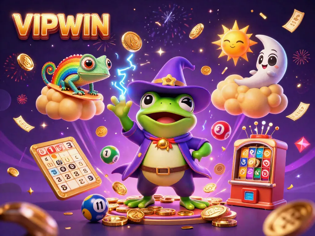 Experience the excitement of VIPWIN with a vibrant 3D scene featuring golden coins, lottery balls, and festive characters.