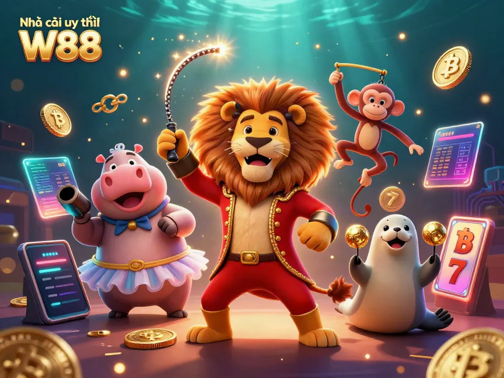 Engage with the vibrant atmosphere of nhà cái uy tín W88 through this dynamic circus-themed casino illustration.