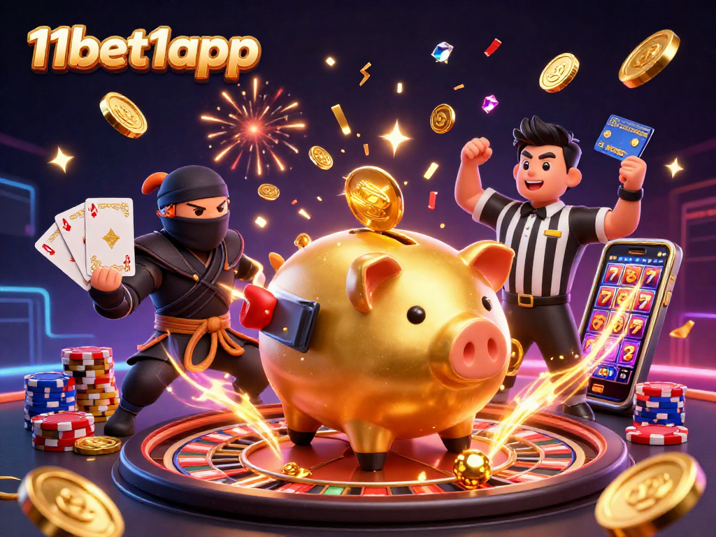 Engage with thrilling moments at 11bet1app as the piggy bank sumo wrestler celebrates wins amidst golden coins.