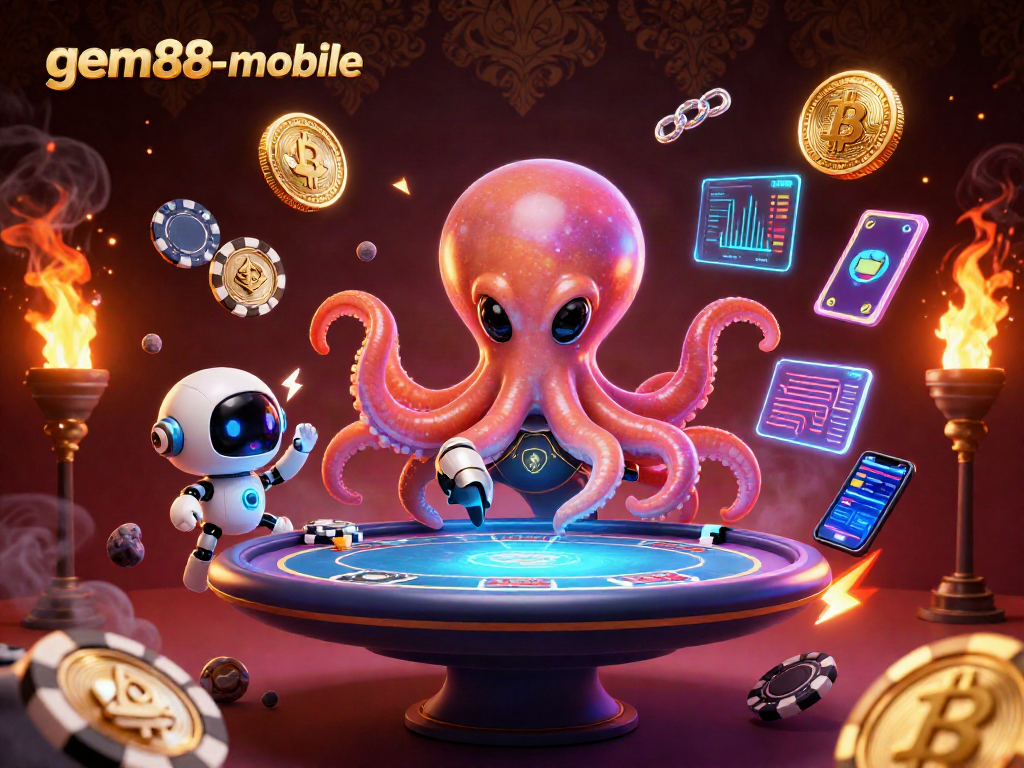 Experience the thrilling galaxy of gem88-mobile with an alien octopus at a holographic poker table.