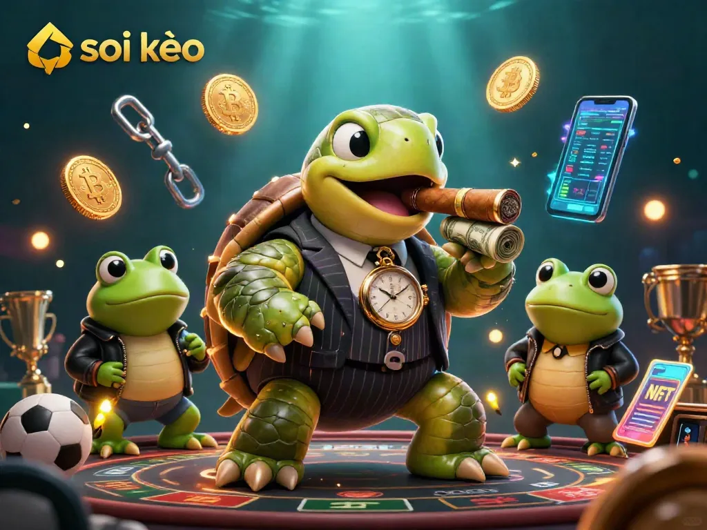 Soi kèo sports betting scene with a turtle in mobster attire and frog enforcers amid glowing crypto coins