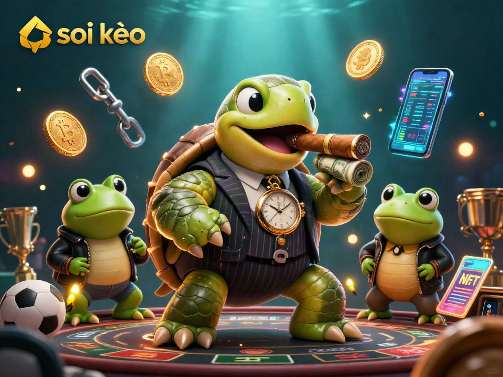 Soi kèo sports betting scene with a turtle in mobster attire and frog enforcers amid glowing crypto coins