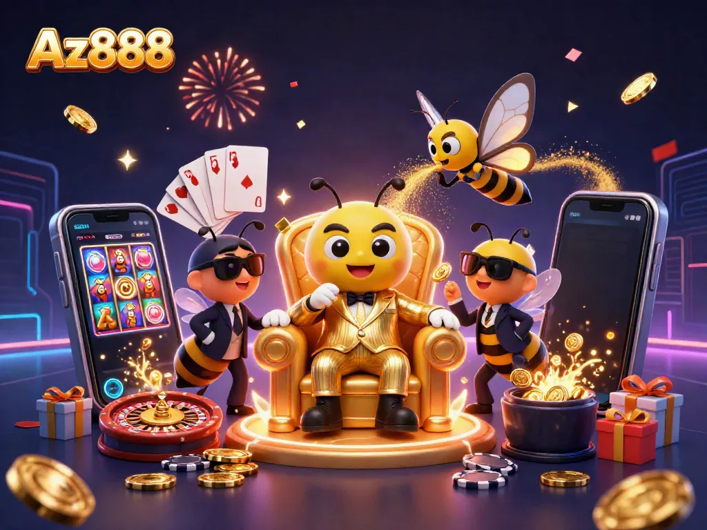 Az888 shows a bustling casino scene with a bumblebee mob boss, highlighting exciting gaming elements.