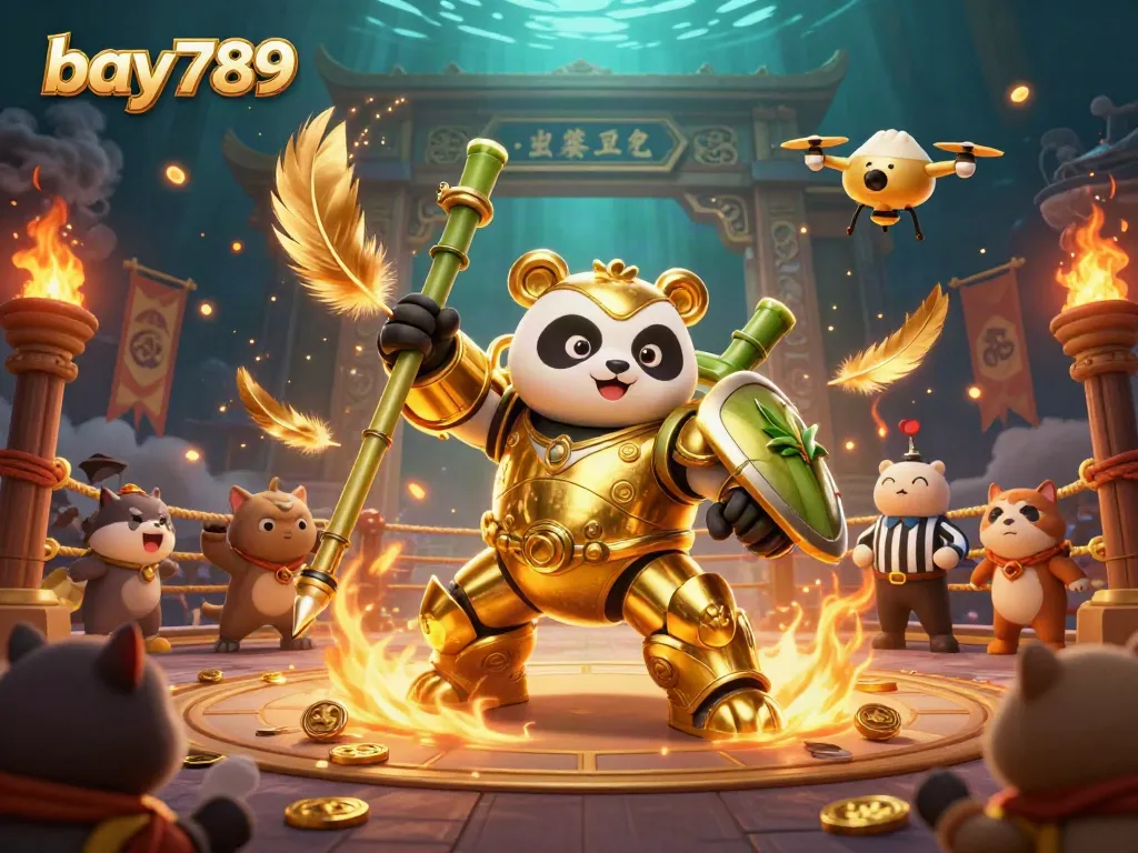 Engage with bay789's thrilling casino adventures featuring a golden panda in combat!