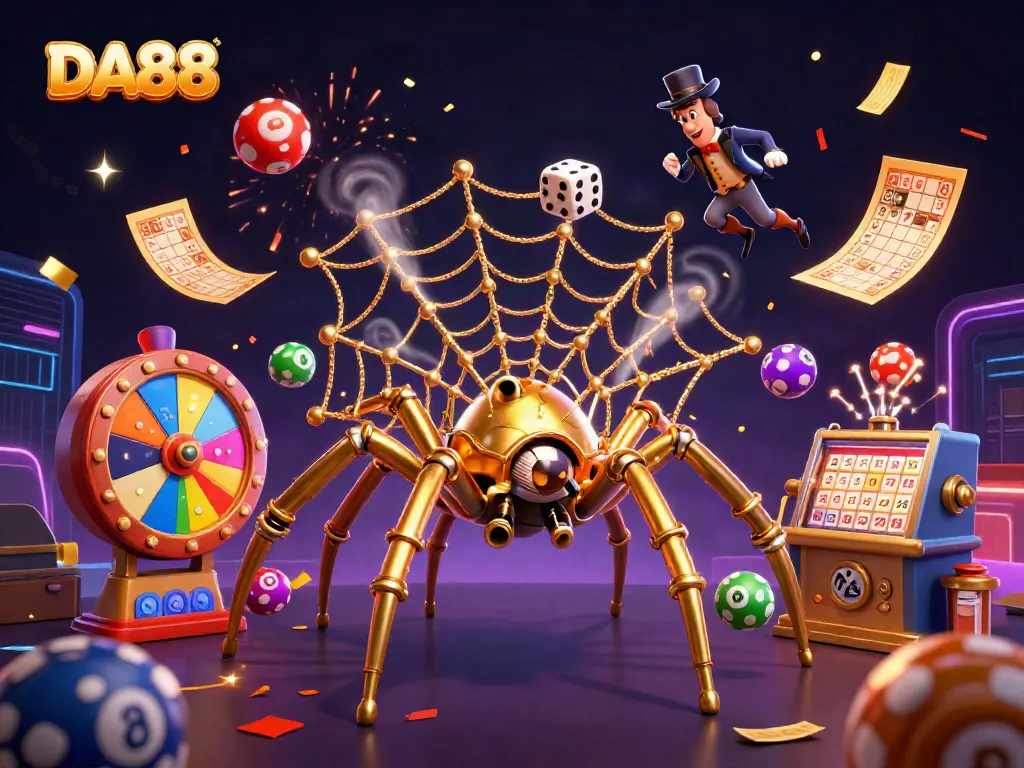 DA88's dynamic 3D illustration of steampunk spider and fly gentleman amidst vibrant casino elements.