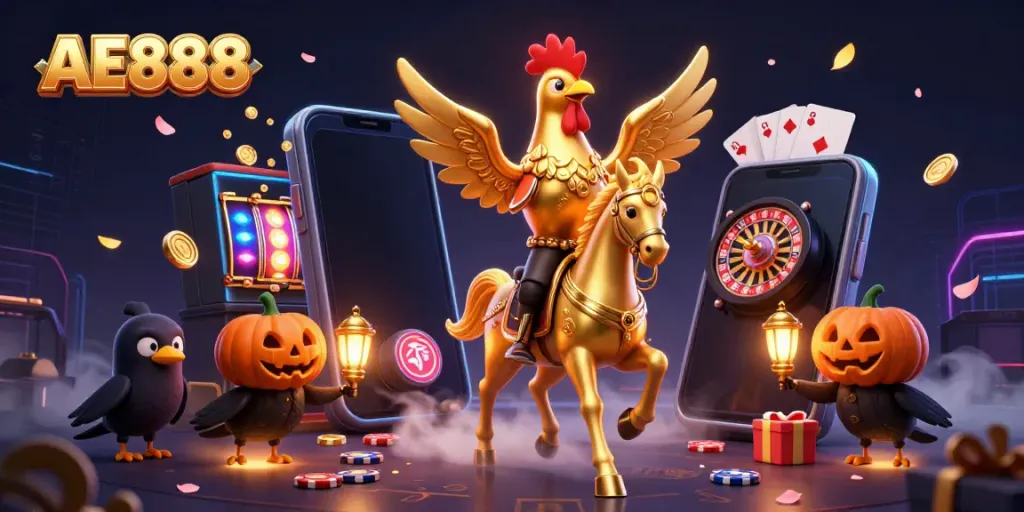 Join the exciting world of AE888 with a golden rooster and companions celebrating in a vibrant casino scene.