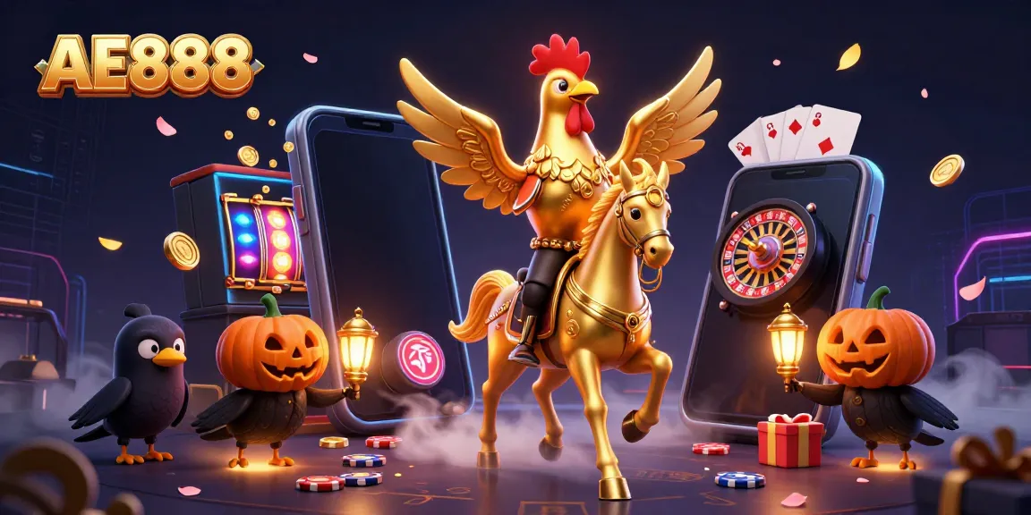 Join the exciting world of AE888 with a golden rooster and companions celebrating in a vibrant casino scene.