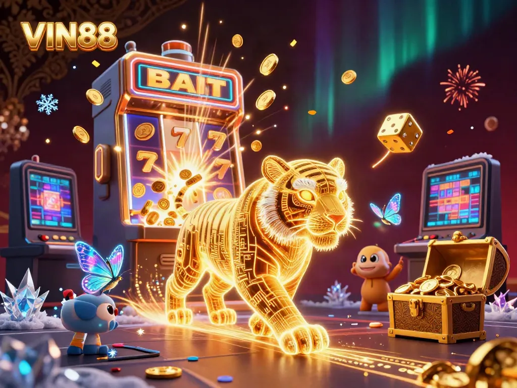 Experience the vibrant energy of VIN88 with a dazzling display of casino elements and characters.
