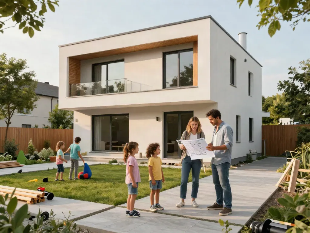 Familie inspiziert ein modernes Haus beim Hausbau in Wien, Kinder spielen im Garten, warme Nachmittagssonne.