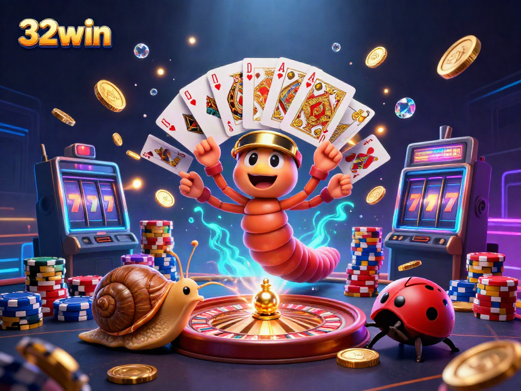 Experience the excitement of 32win with dramatic casino imagery featuring a cartoon millipede dealer and high-roller snail.