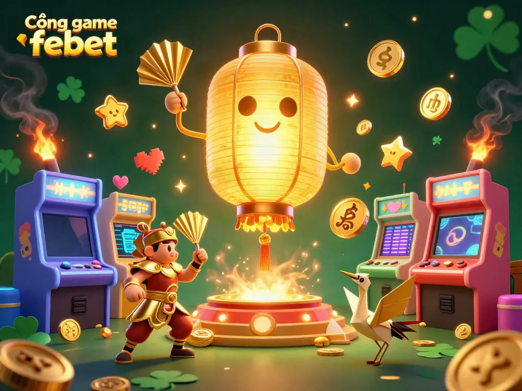 Cổng game febet showcases a festive online casino atmosphere with vibrant 3D elements and glowing characters.