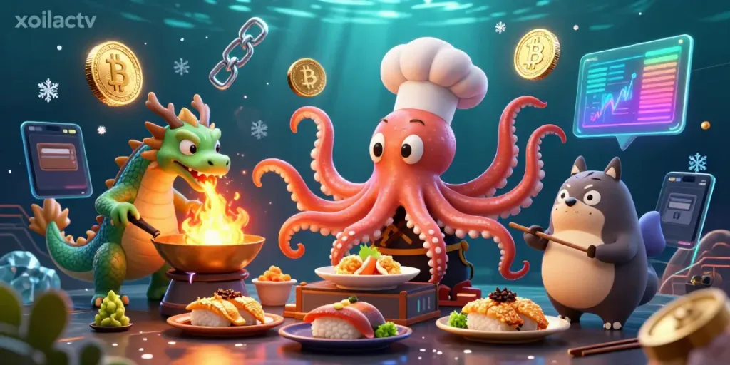 Xoilactv showcases an exciting cooking casino scene with a cartoon octopus chef, dragon, and tanuki, preparing dishes among glowing coins.