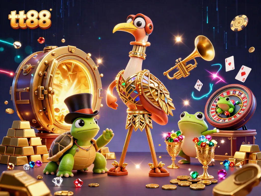 Engage with tt88 at a lively speakeasy featuring a colorful ensemble of gambling elements and vibrant characters.