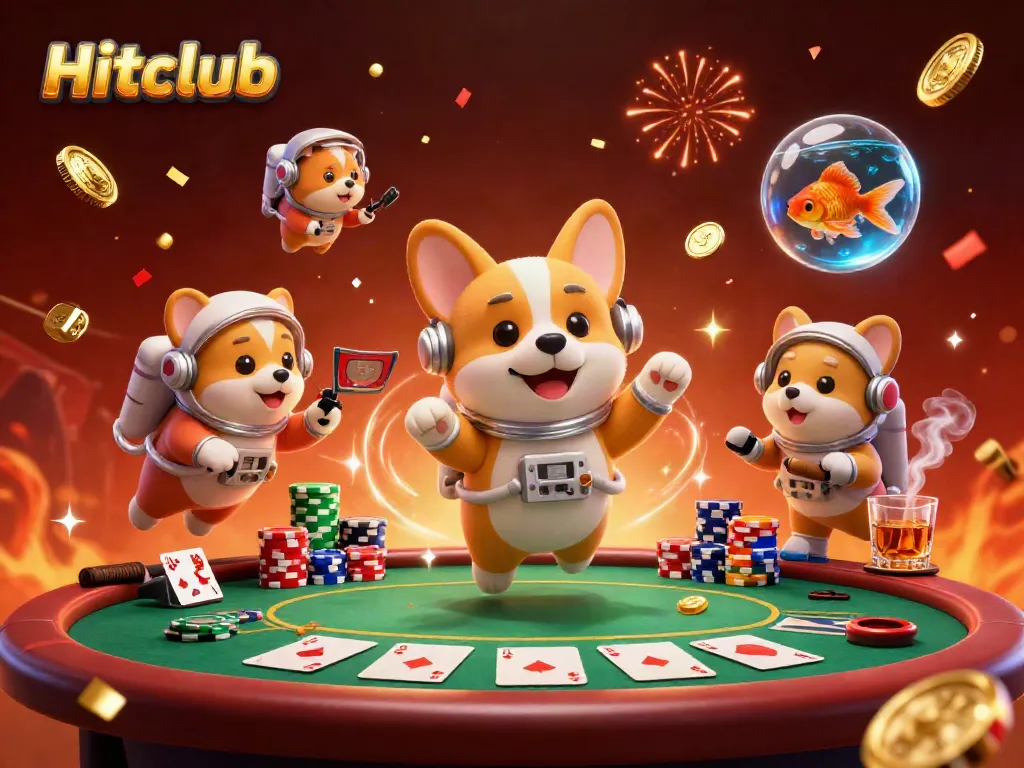 Experience the excitement of Hitclub with a playful space casino scene, featuring a floating corgi and vibrant poker elements.