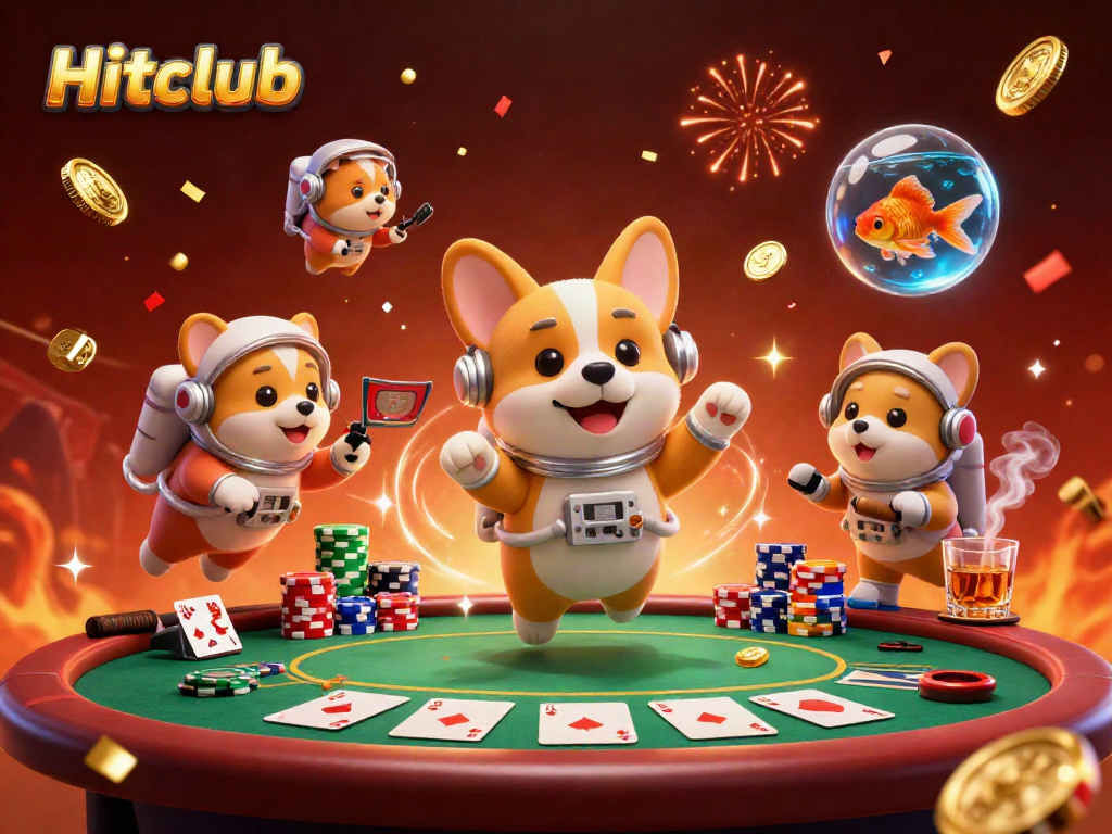 Experience the excitement of Hitclub with a playful space casino scene, featuring a floating corgi and vibrant poker elements.