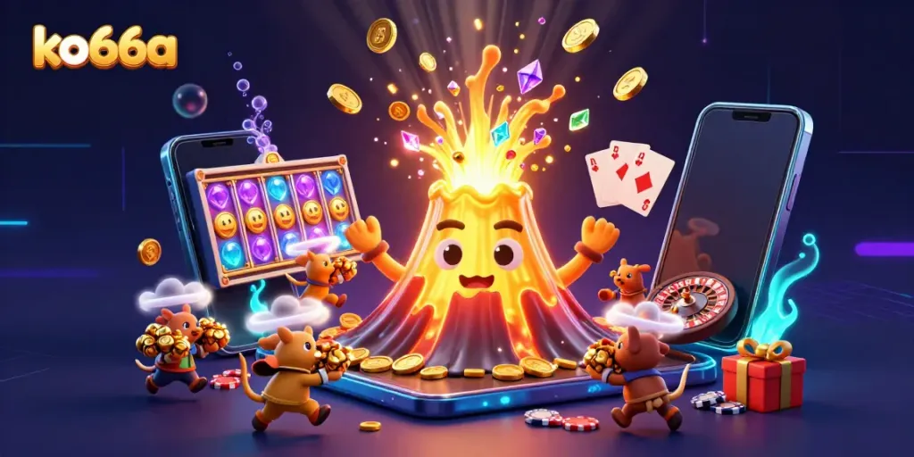 Experience the thrill of ko66a with a vibrant eruption of treasures and exciting game elements in a dynamic casino scene.