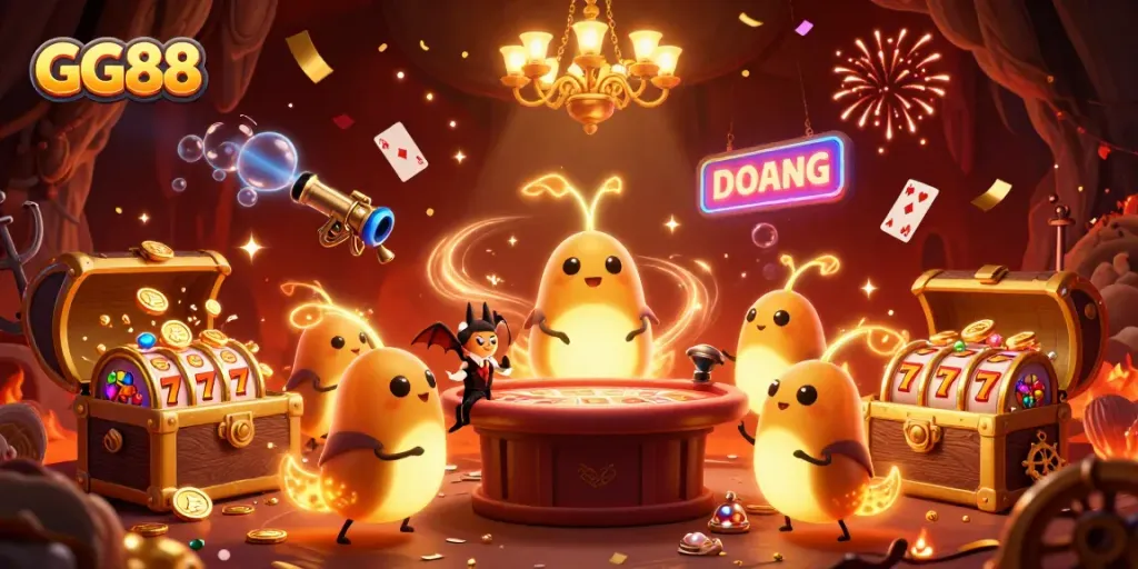 Join the excitement at GG88 with glowworms lighting up a vibrant cave casino atmosphere.