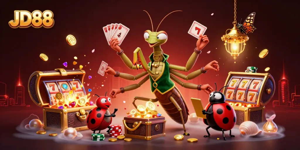 Experience thrilling gameplay with JD88 as a giant mantis deals cards and a ladybug oversees vibrant casino activity.