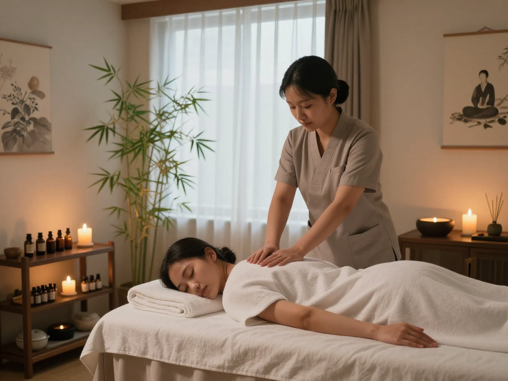 Experience the calming atmosphere of 김포출장안마 with a therapist providing traditional Korean massage therapy in a serene spa.
