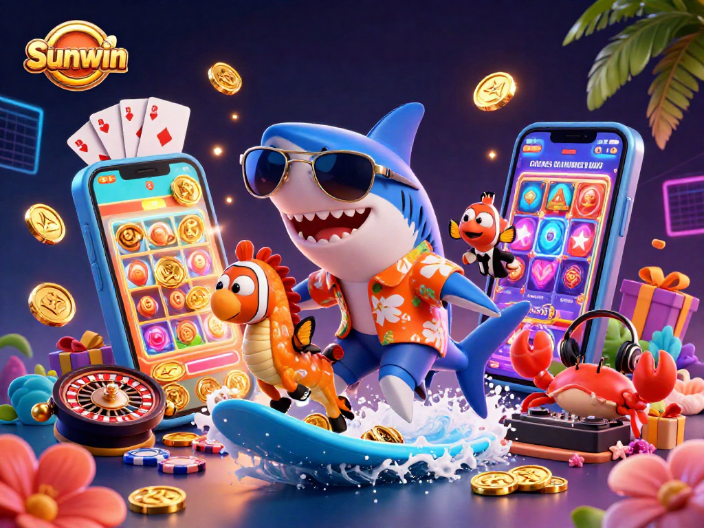 Experience the thrill of Sunwin with vibrant casino action featuring a 3D hammerhead shark surfing on gold coins.