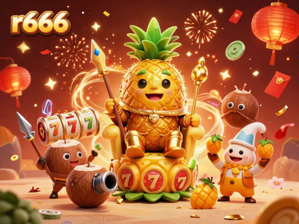 Experience r666's vibrant gaming ambiance with a cartoon pineapple king and jubilant characters in a lively casino scene.