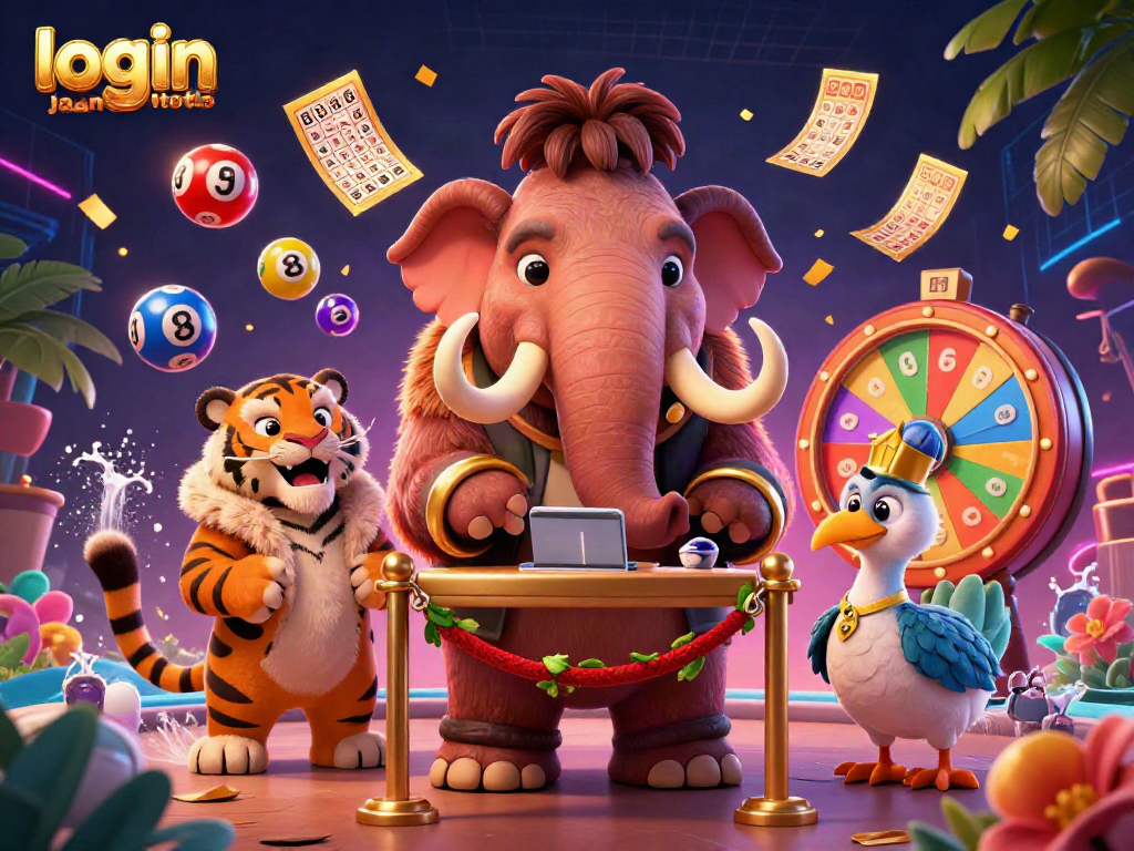 Unlock the fun with login jambitoto as a woolly mammoth bouncer checks IDs in this vibrant casino scene.