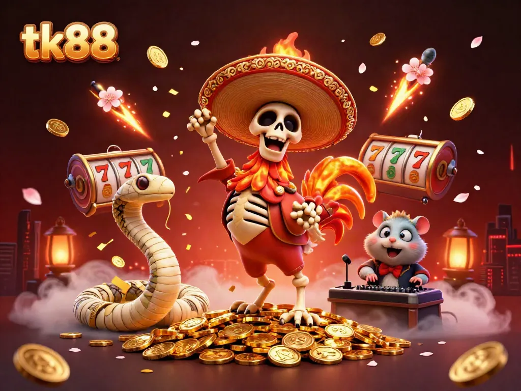 tk88 slot game celebration with rooster, mummy snake, and hamster DJ on gold coins