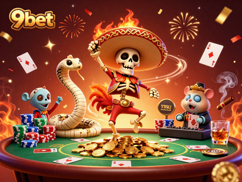 Celebrate your wins with 9bet in this vibrant casino scene featuring unique characters and elements.
