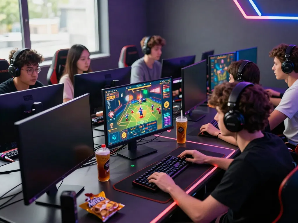 Dewacash Asia gaming enthusiasts engaged in competitive online betting with cutting-edge equipment in a vibrant gaming room.