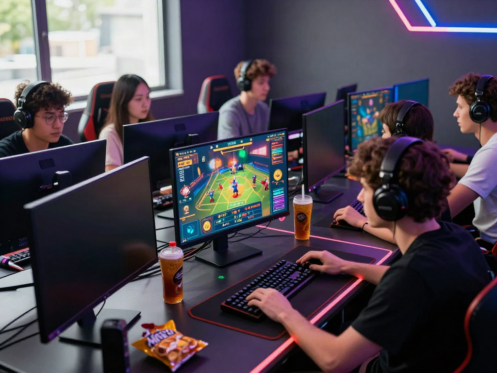 Dewacash Asia gaming enthusiasts engaged in competitive online betting with cutting-edge equipment in a vibrant gaming room.