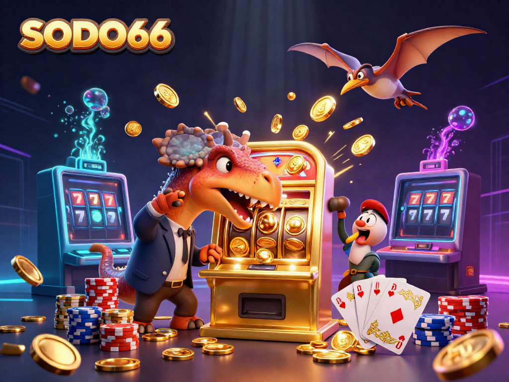 SODO66 brings excitement to life as a pachycephalosaurus wins the jackpot, while a pteranodon catches coins in the casino scene.