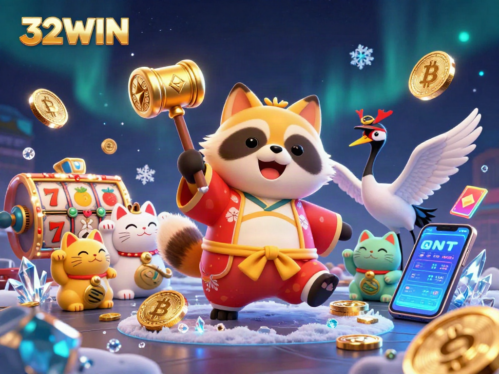 Enhance your experience at 32WIN with vibrant digital casino illustration featuring exciting slot elements and lively characters.