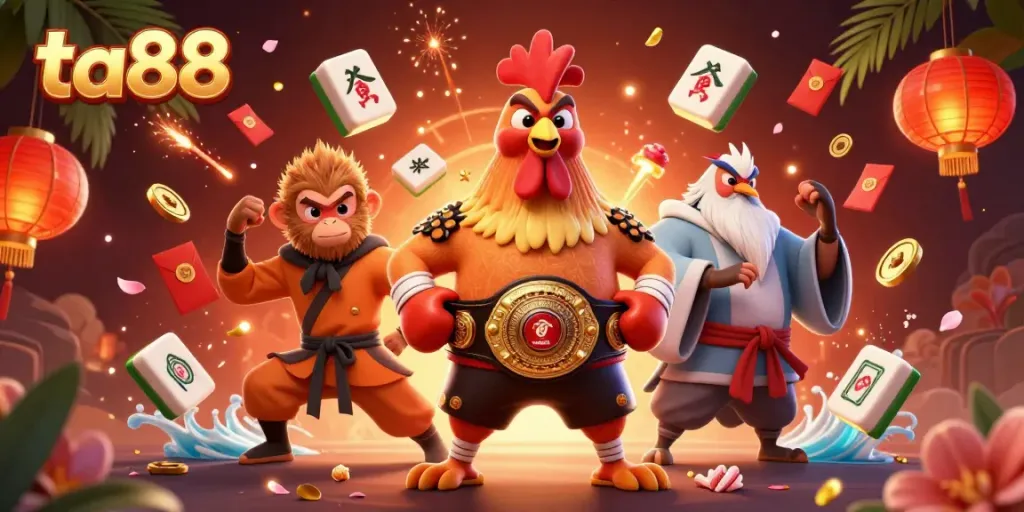 Engage in thrilling gameplay at ta88 while watching a fierce Muay Thai rooster and martial artist celebrate.
