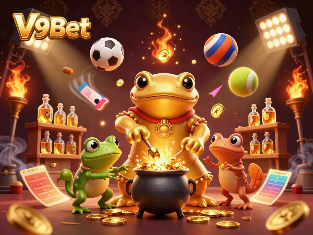 Experience thrilling gameplay at V9Bet with golden alchemists turning coins in a vibrant casino scene.