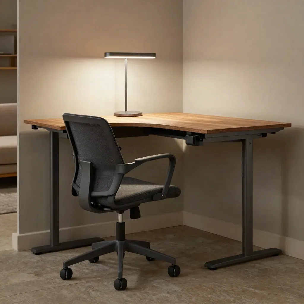 Ergonomisches Homeoffice-Set mit verstellbarem Tisch, Stuhl und Lampe in einer dunklen Ecke.
