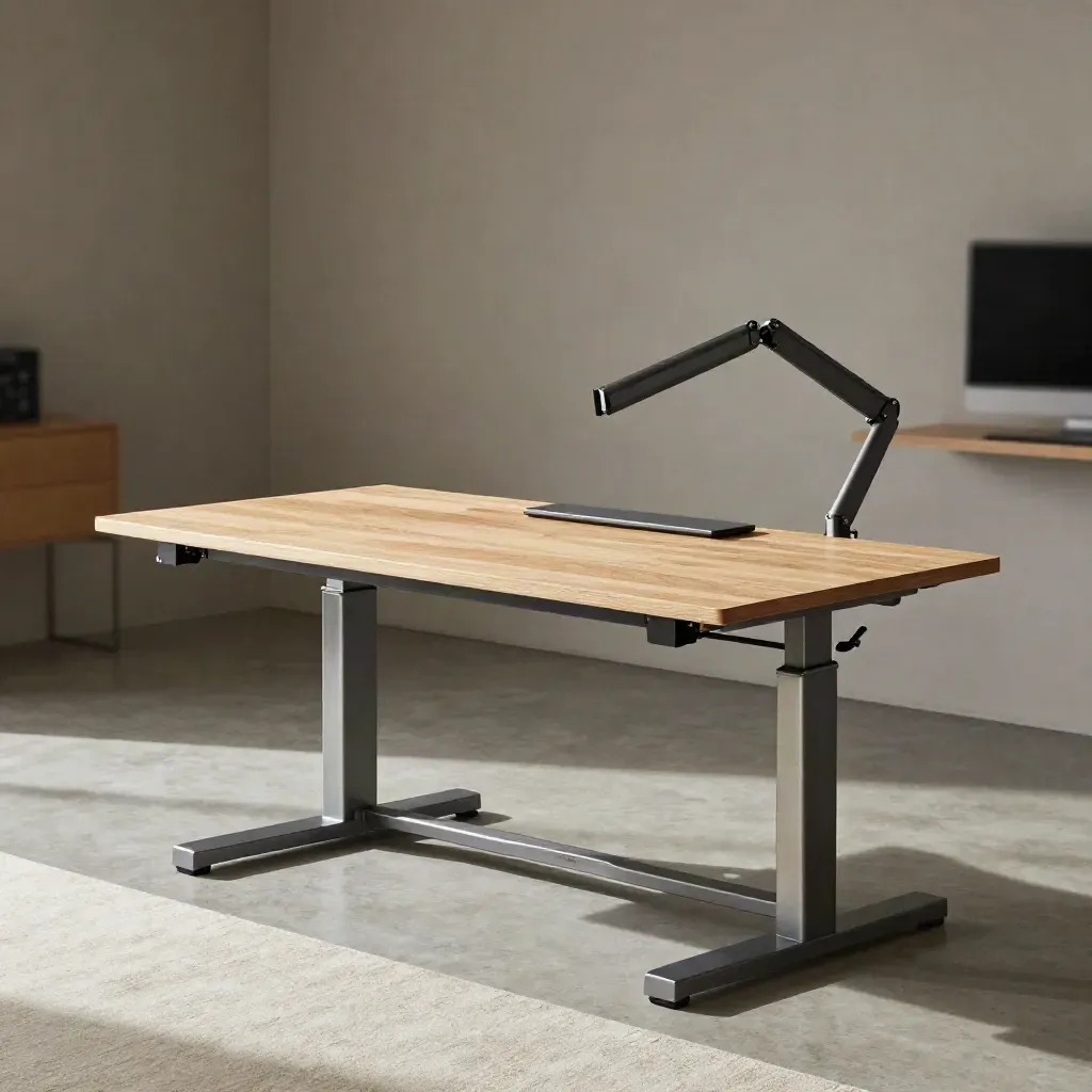 Höhenverstellbarer Schreibtisch aus hellem Eichenholz mit Monitorarm im modernen Homeoffice.