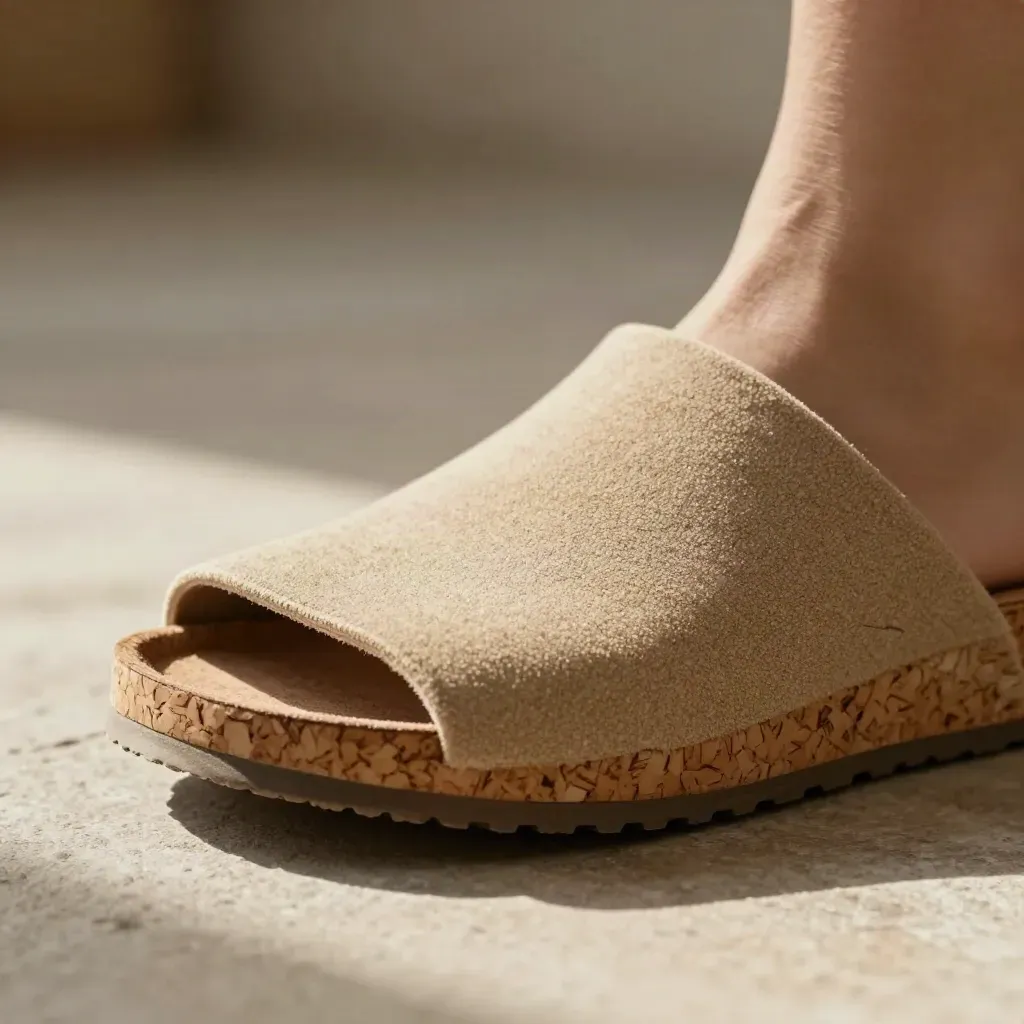Makro einer ausgerollten Stehmatte aus Kork mit sandfarbener Struktur und Lichtkante