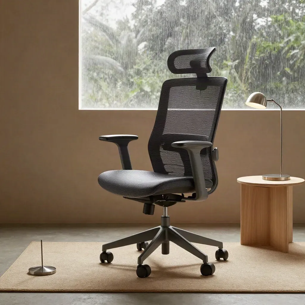 Ergonomischer Stuhl mit Lendenkissen, Stehmatte und Lampe im ruhigen Homeoffice.