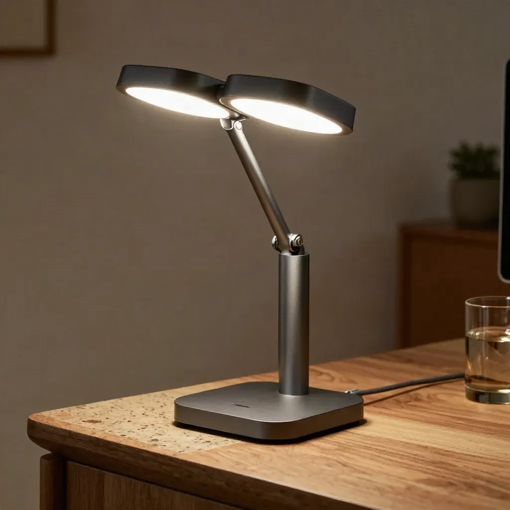 Graphitfarbene LED-Schreibtischlampe mit zwei Köpfen auf Travertin, warmes Licht im Studio.