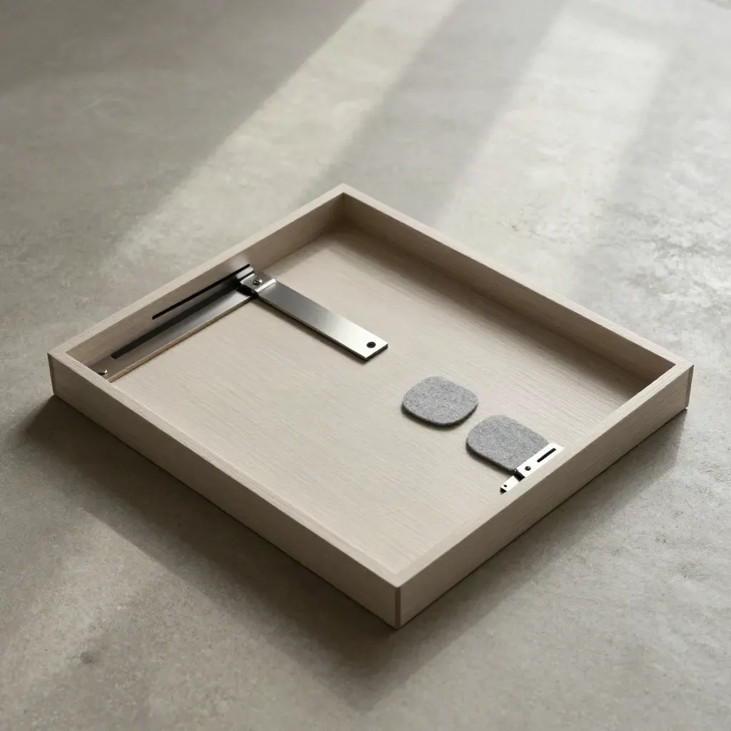 Tastaturablage aus hellem Holz mit Schienen und Zubehör auf Betonfläche.