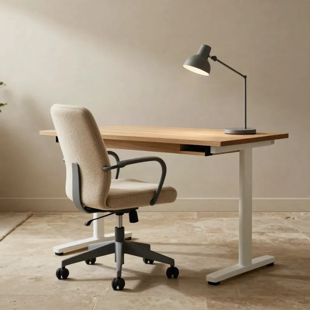 Ergonomischer Stuhl, höhenverstellbarer Schreibtisch und Lampe in ruhiger Studiokulisse.