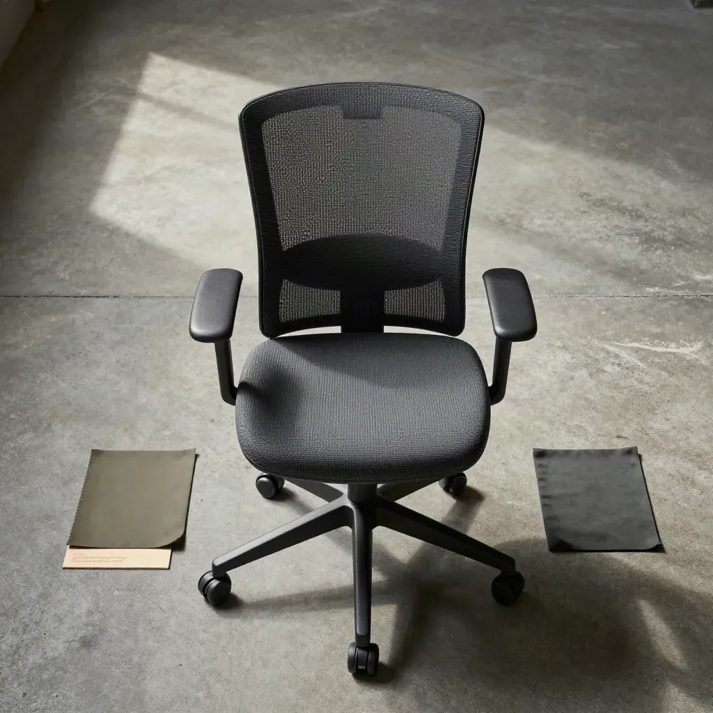 Overhead-Flatlay eines ergonomischen Mesh-Stuhls mit Zubehör auf grauer Betonplatte