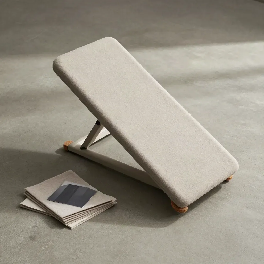 Fußhocker aus hellem Holz mit Korkfüßen und Filzpad von oben auf Beton.