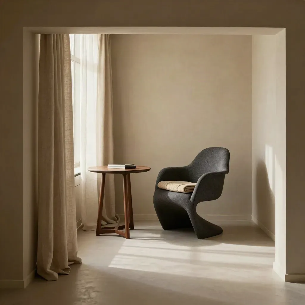 Walnussfarbenes Home-Office mit Leinenvorhang, ergonomischem Stuhl und Lichtstreifen.